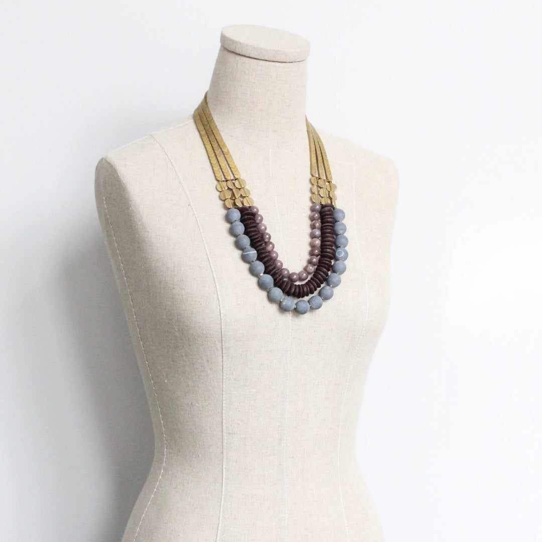 NECKLACE TRIPLE STRAND STONE & AFRICAN GLASS