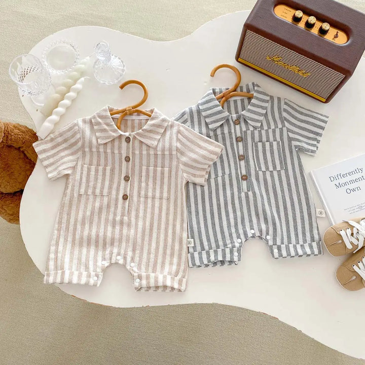 ROMPER SHORT SLEEVE STRIPED TURN-DOWN COLLAR