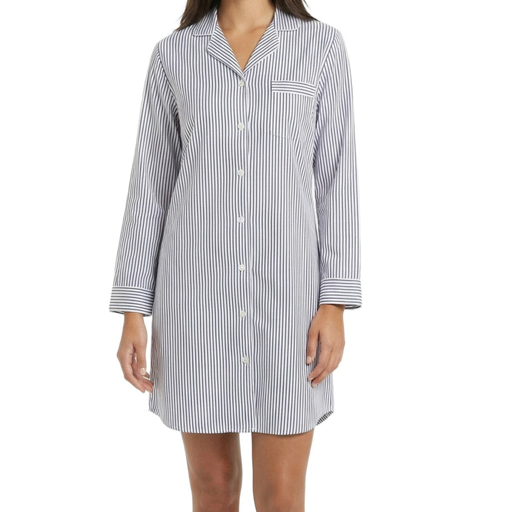 ALEX LONG SLEEVE WOVEN NIGHTSHIRT NAVY STRIPE