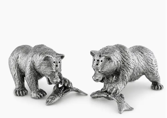 SALT & PEPPER SHAKERS PEWTER FISHING BEARS