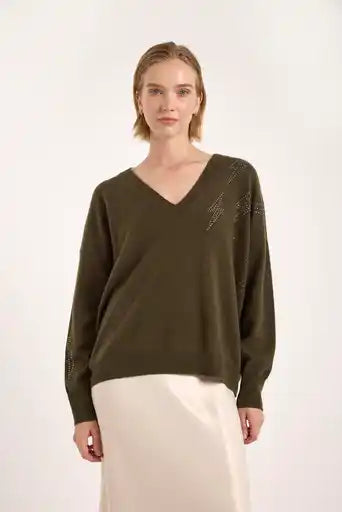 SWEATER V NECK HOT FIX BOLT OLIVE