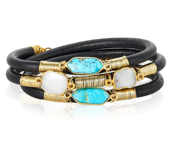 MABEL CHONG BRACELET TRIPLE TURQUOISE ON BLACK LEATHER