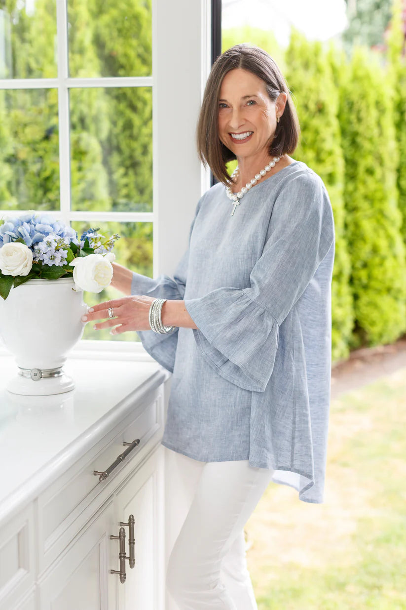 TOP BELL SLEEVE LINEN BLUE CHAMBRAY
