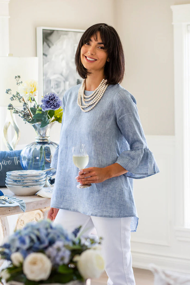 TOP BELL SLEEVE LINEN BLUE CHAMBRAY