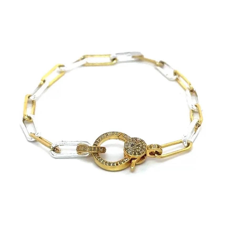 BRACELET DIAMOND LOCK MIXED METAL GOLD&SILVER PEPERCLIP 7.5"