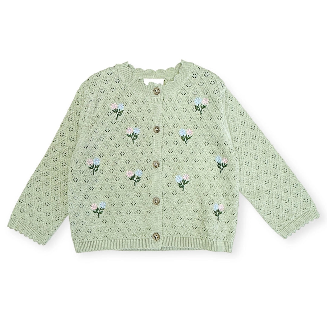 CARDIGAN FLORAL POINTELLE SAGE GREEN
