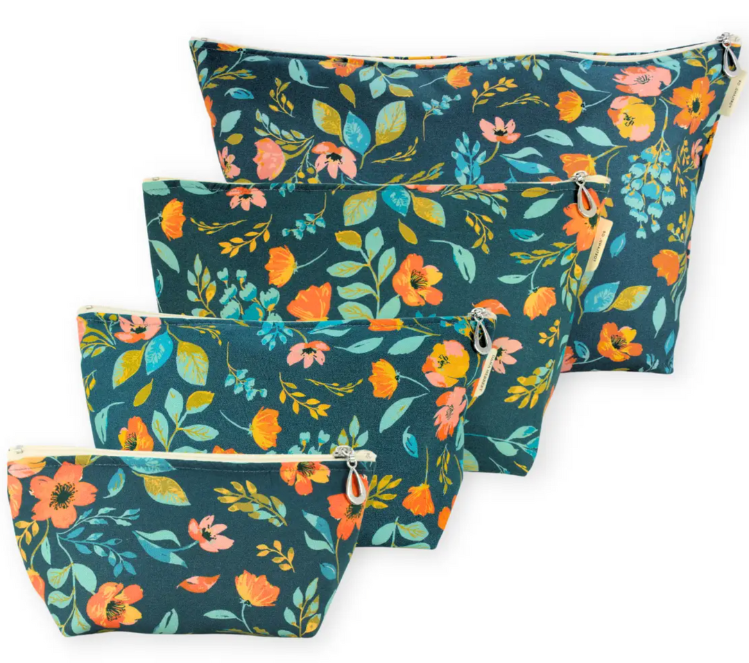 COSMETIC BAG NAVY & ORANGE PEONY