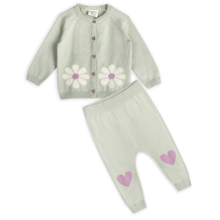 S/2 CARDIGAN+PANT FLOWER & HEART SAGE GREEN