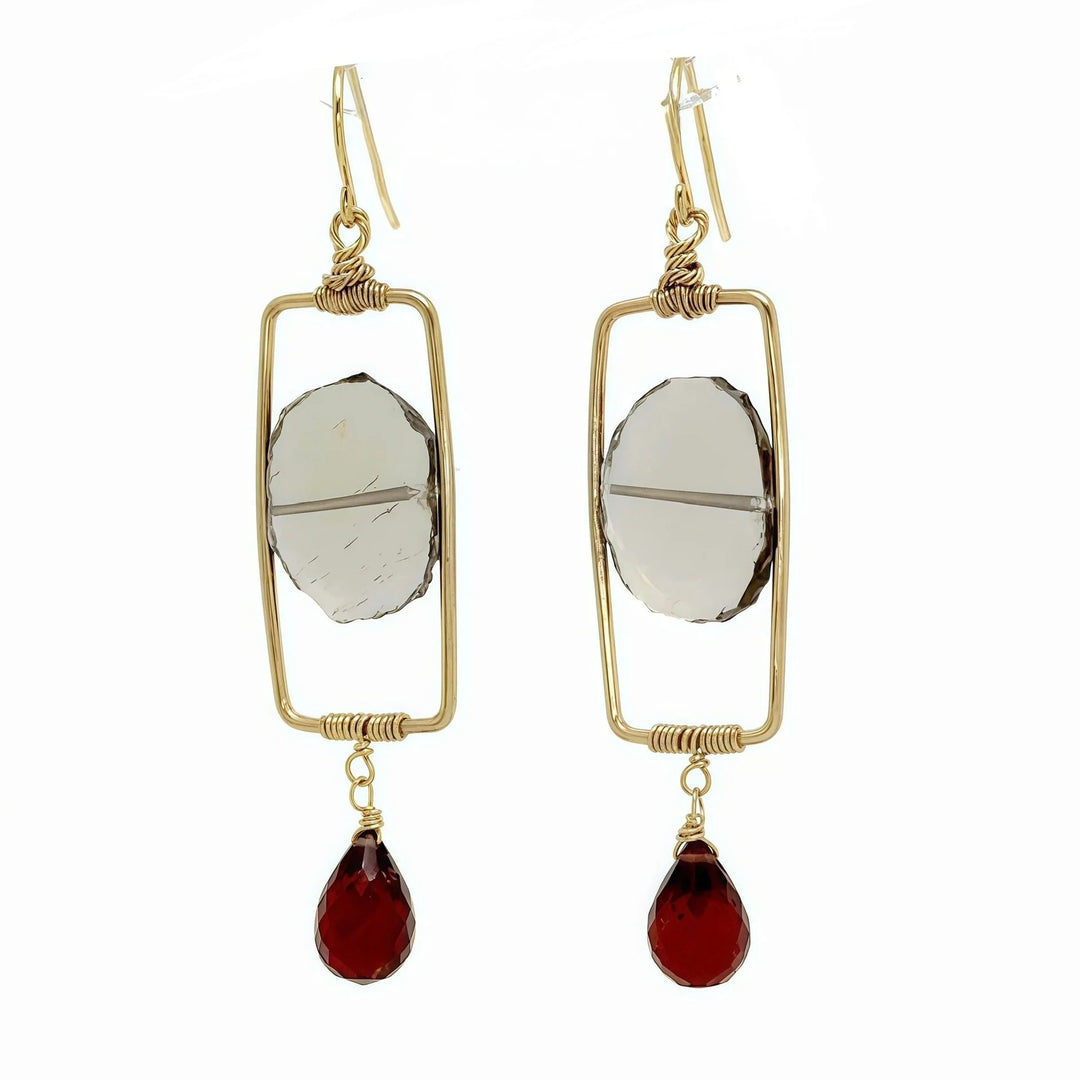 EARRINGS SMOKEY QUARTZ SLICE RECT FRAME