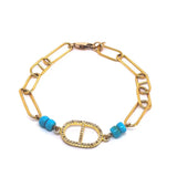 BRACELET PAVE DIAMOND CHARM TURQUOISE BEADS 6.5''