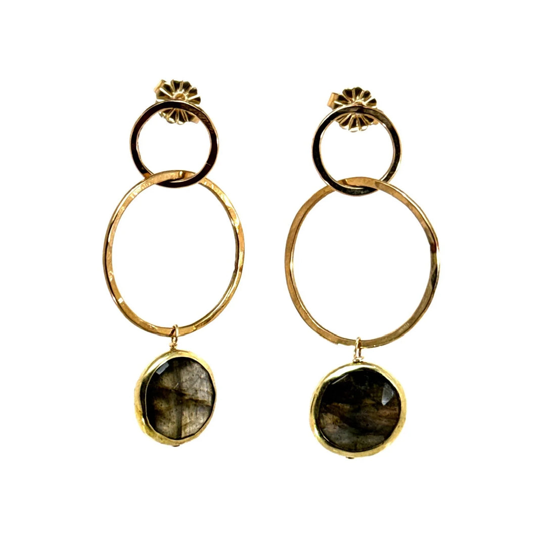EARRINGS DOUBLE CIRCLE HOOP GREY LABRADORITE