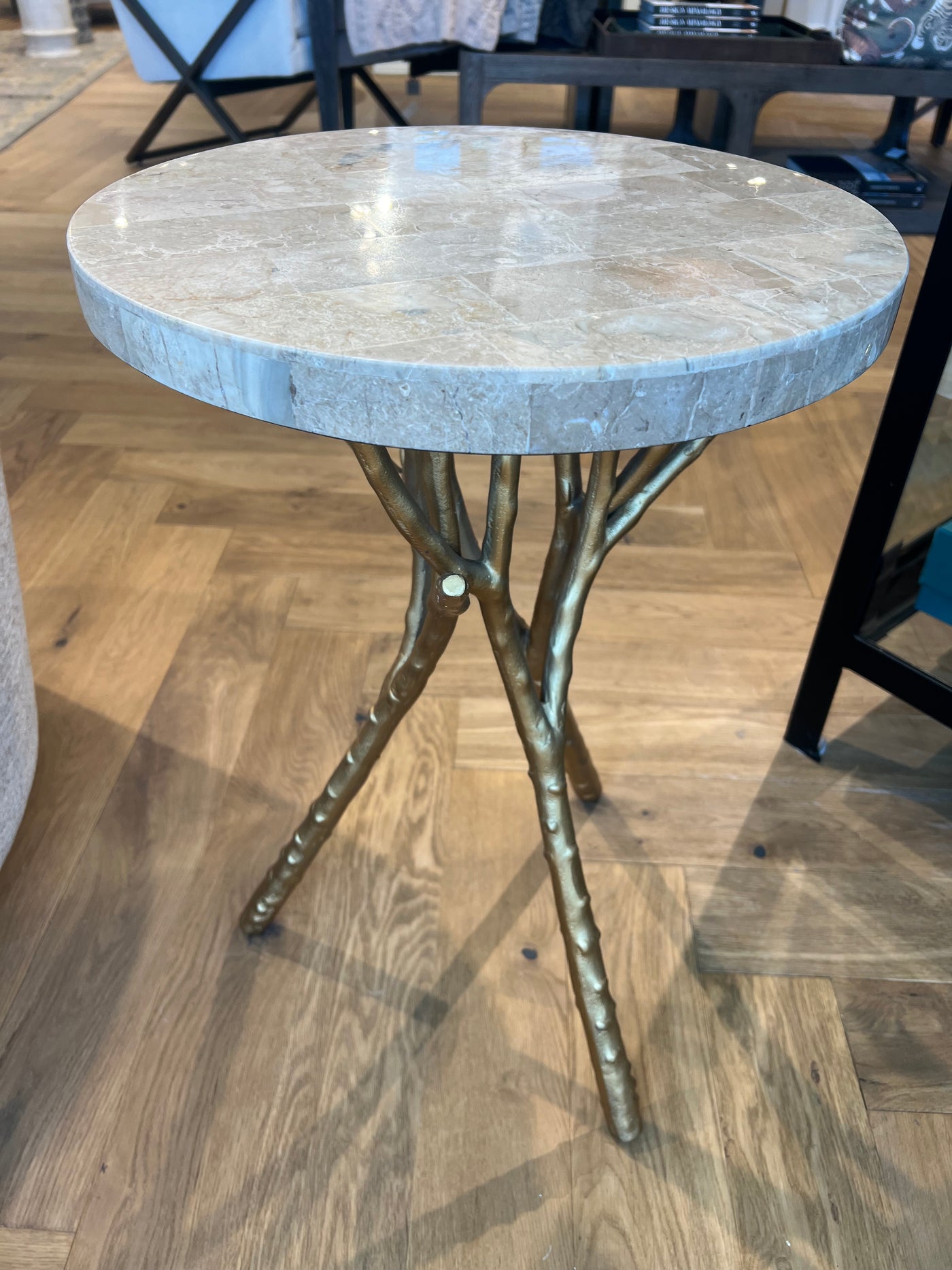 TABLE GOLD TWIG BASE GRAY MARBLE TOP