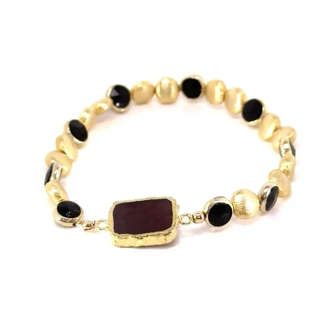 BRACELET GEM SLICE GOLD COIN RECT GARNET WITH BLK ONYX 6.5"