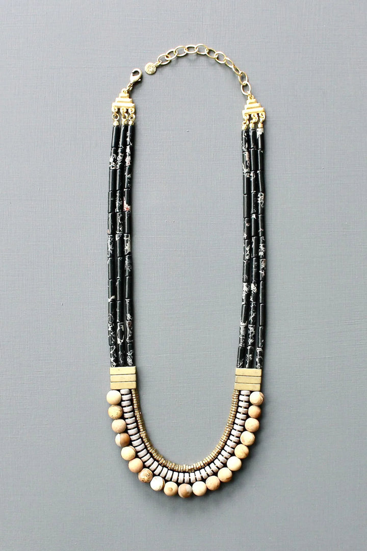 NECKLACE TRIPLE STRAND BLACK & GRAY