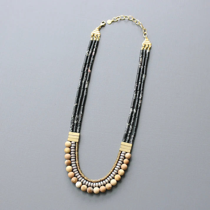 NECKLACE TRIPLE STRAND BLACK & GRAY