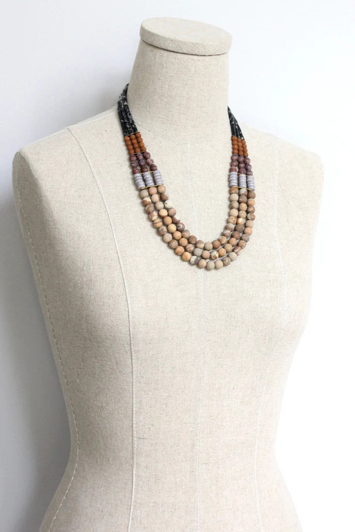 NECKLACE TRIPLE STRAND BEADED WITH GEMSTONE