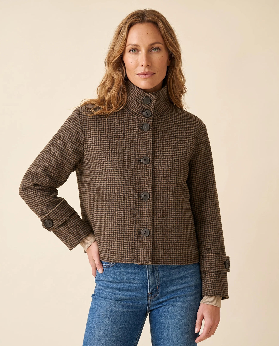 COAT HOUNDSTOOTH BUTTON MOCK