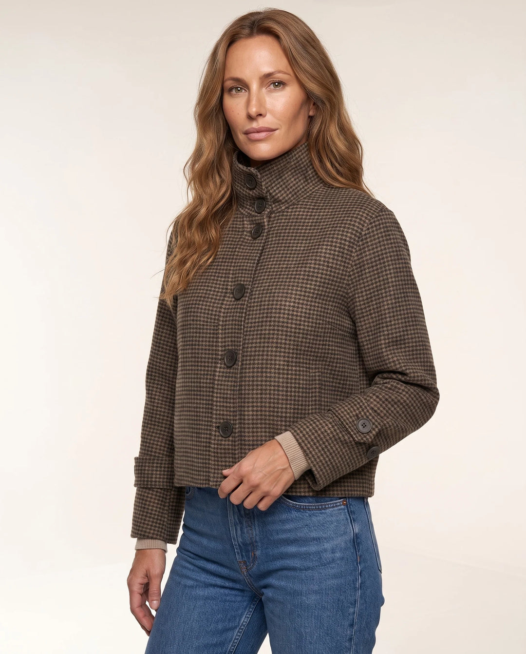 COAT HOUNDSTOOTH BUTTON MOCK