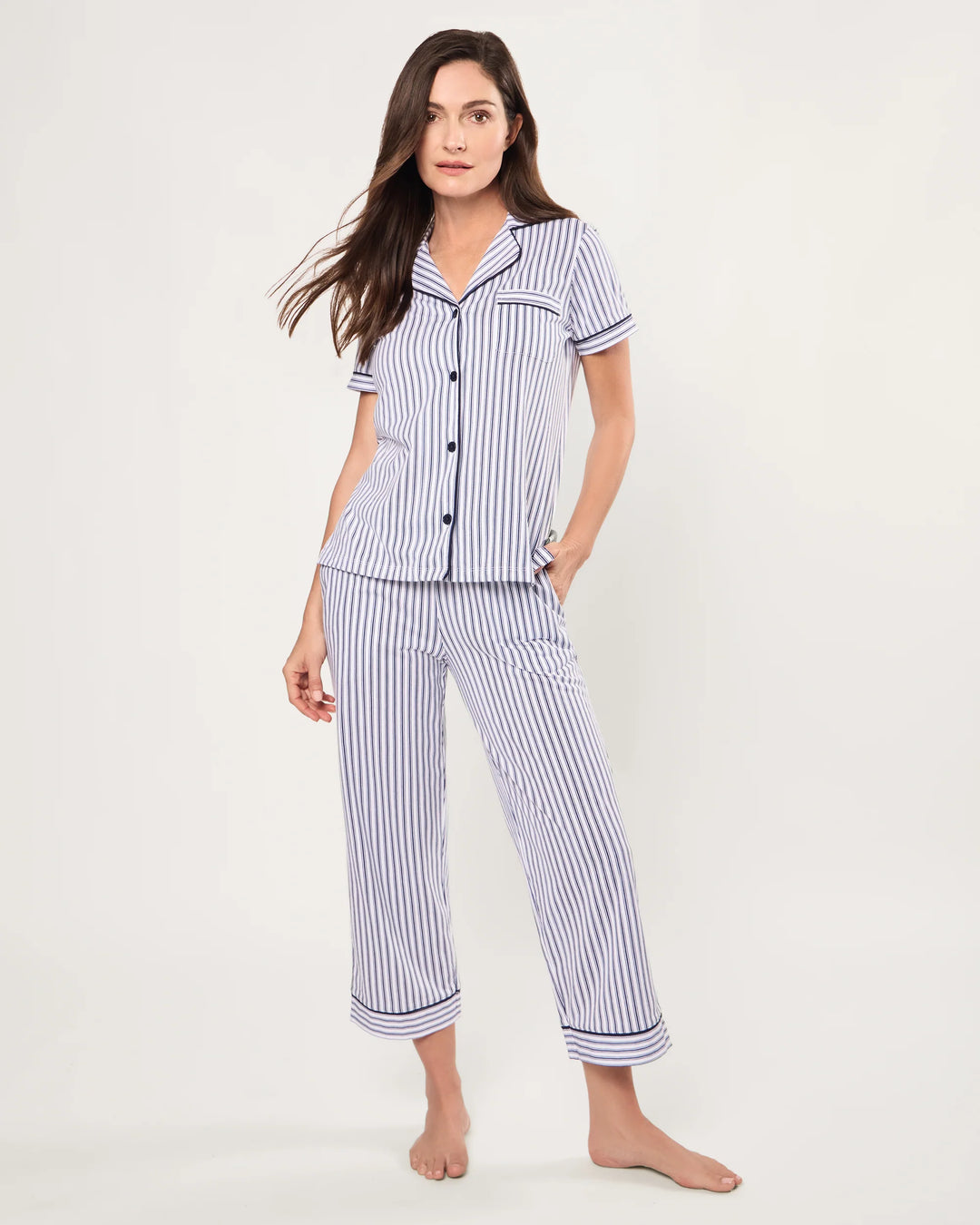 PAJAMA SET PIMA CROP IN NAVY FRENCH TICKING