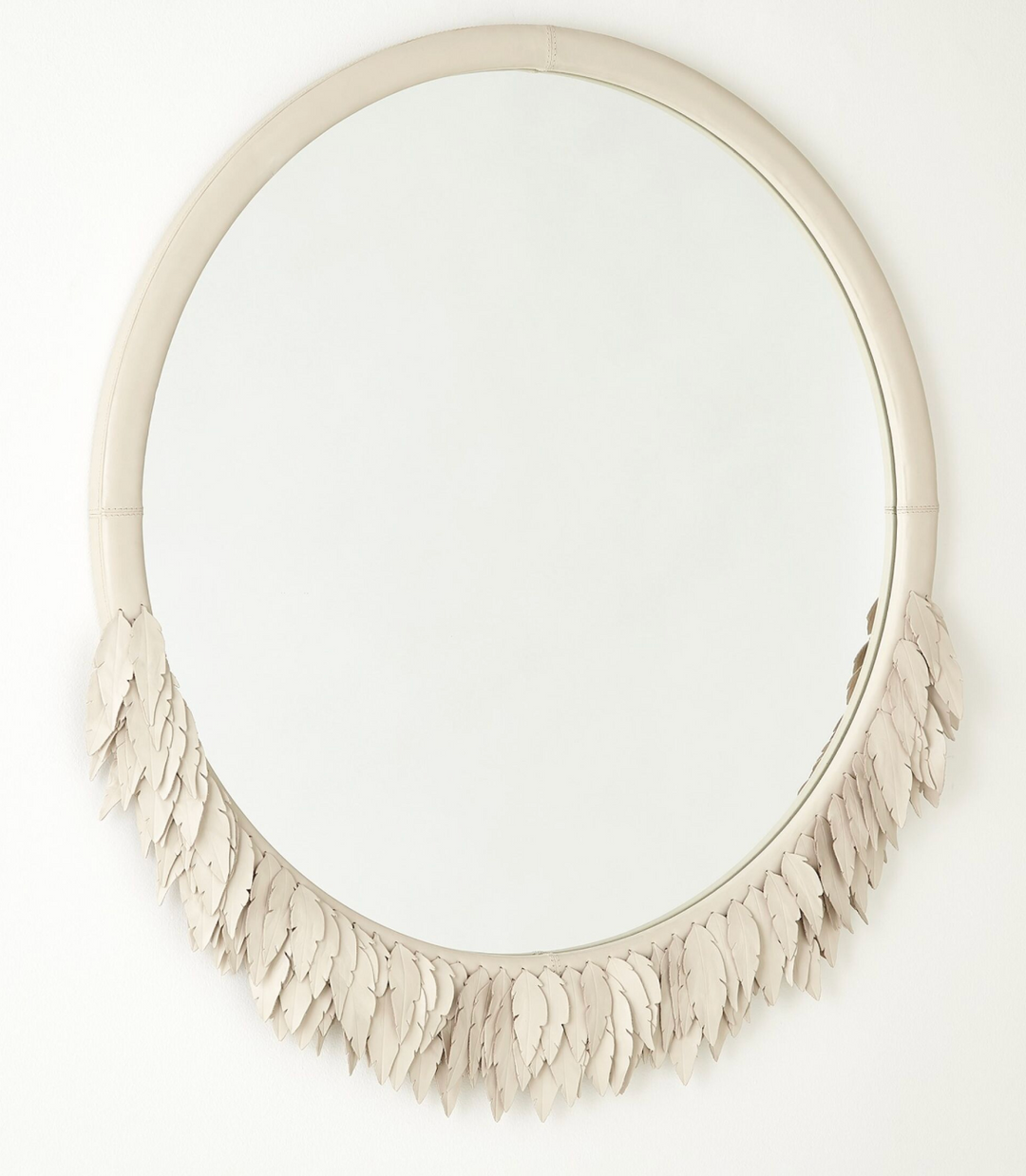 MIRROR OVAL IVORY LEATHER FEATHERS 36x41H