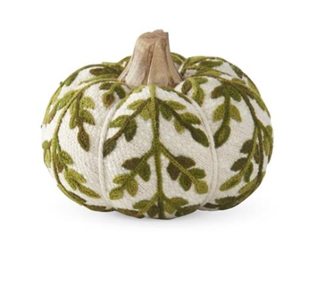 PUMPKIN KNIT CREAM & GREEN W/WOOD STEM