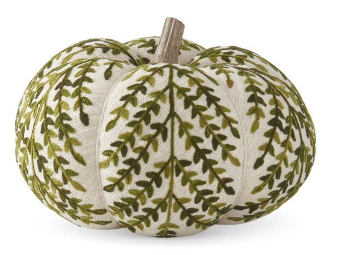 PUMPKIN KNIT CREAM & GREEN W/WOOD STEM