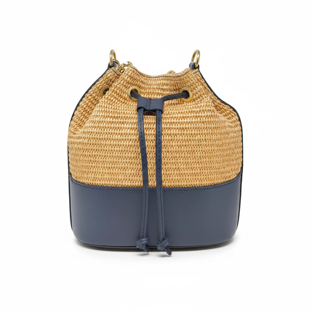 BUCKET BAG GENUINE ITALIAN LEATHER AND RAFFIA