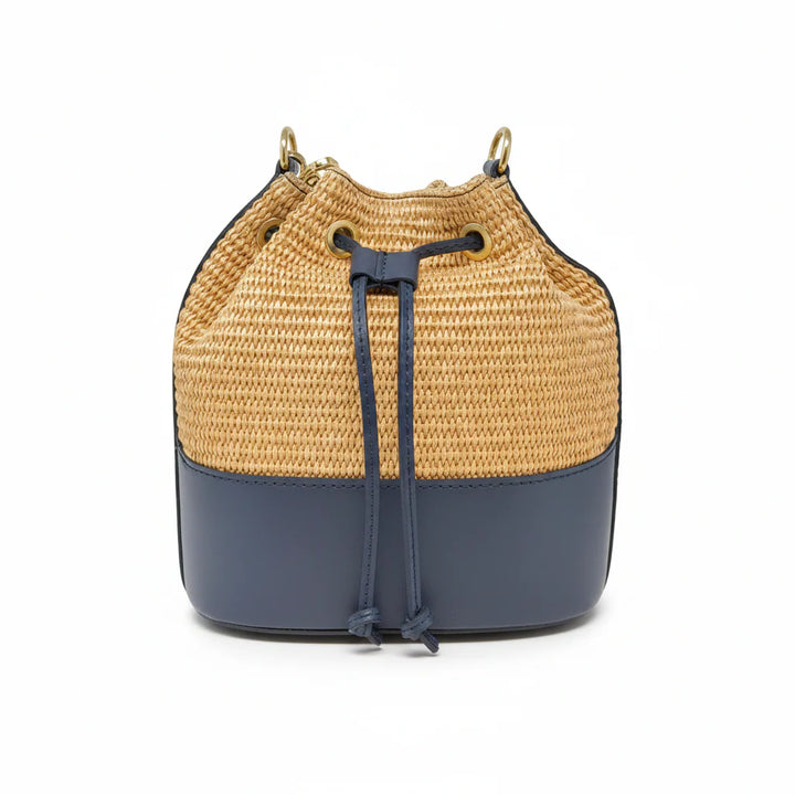 BUCKET BAG GENUINE ITALIAN LEATHER AND RAFFIA