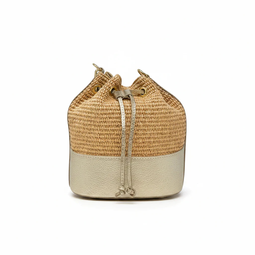 BUCKET BAG GENUINE ITALIAN LEATHER AND RAFFIA