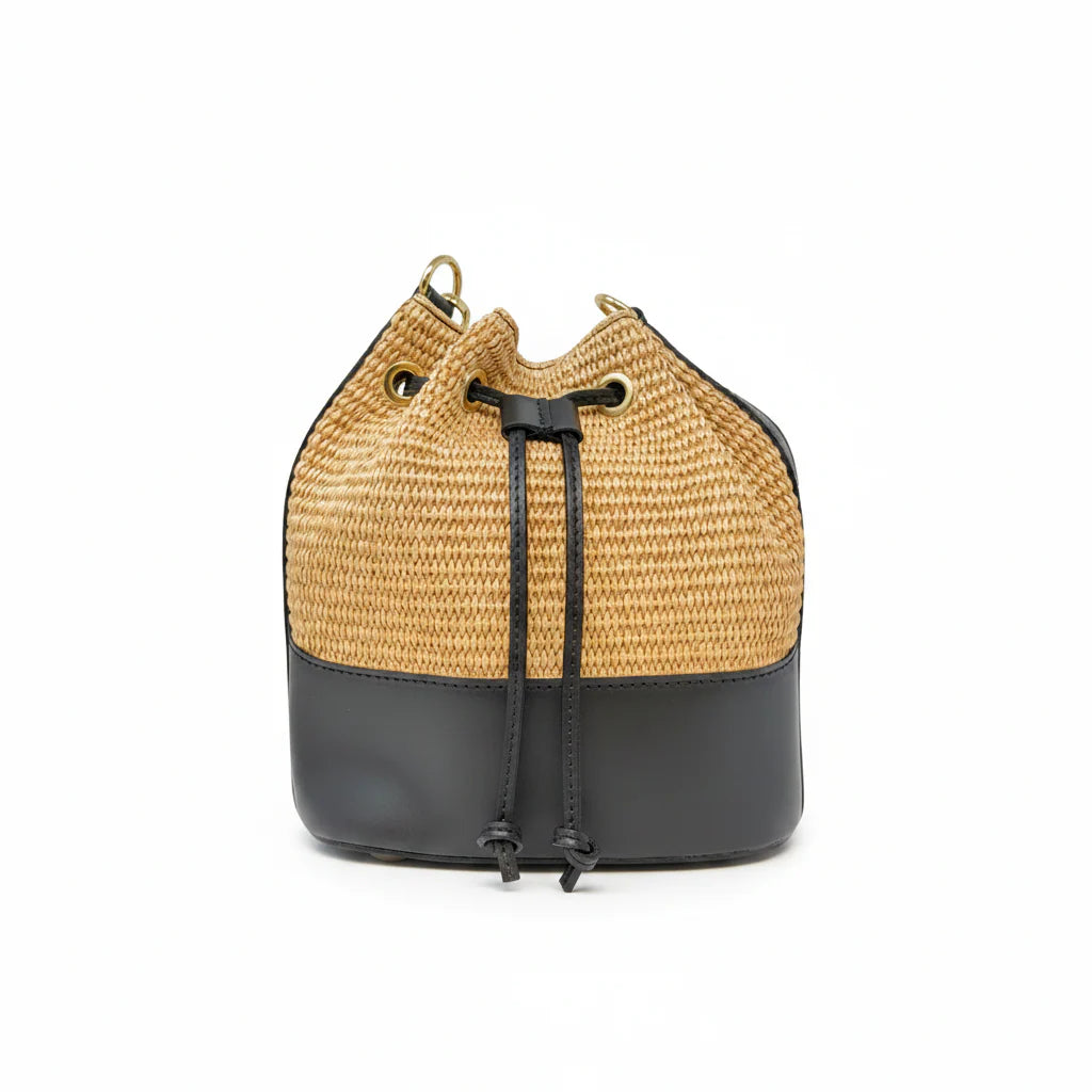BUCKET BAG GENUINE ITALIAN LEATHER AND RAFFIA