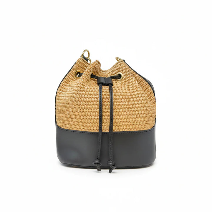 BUCKET BAG GENUINE ITALIAN LEATHER AND RAFFIA