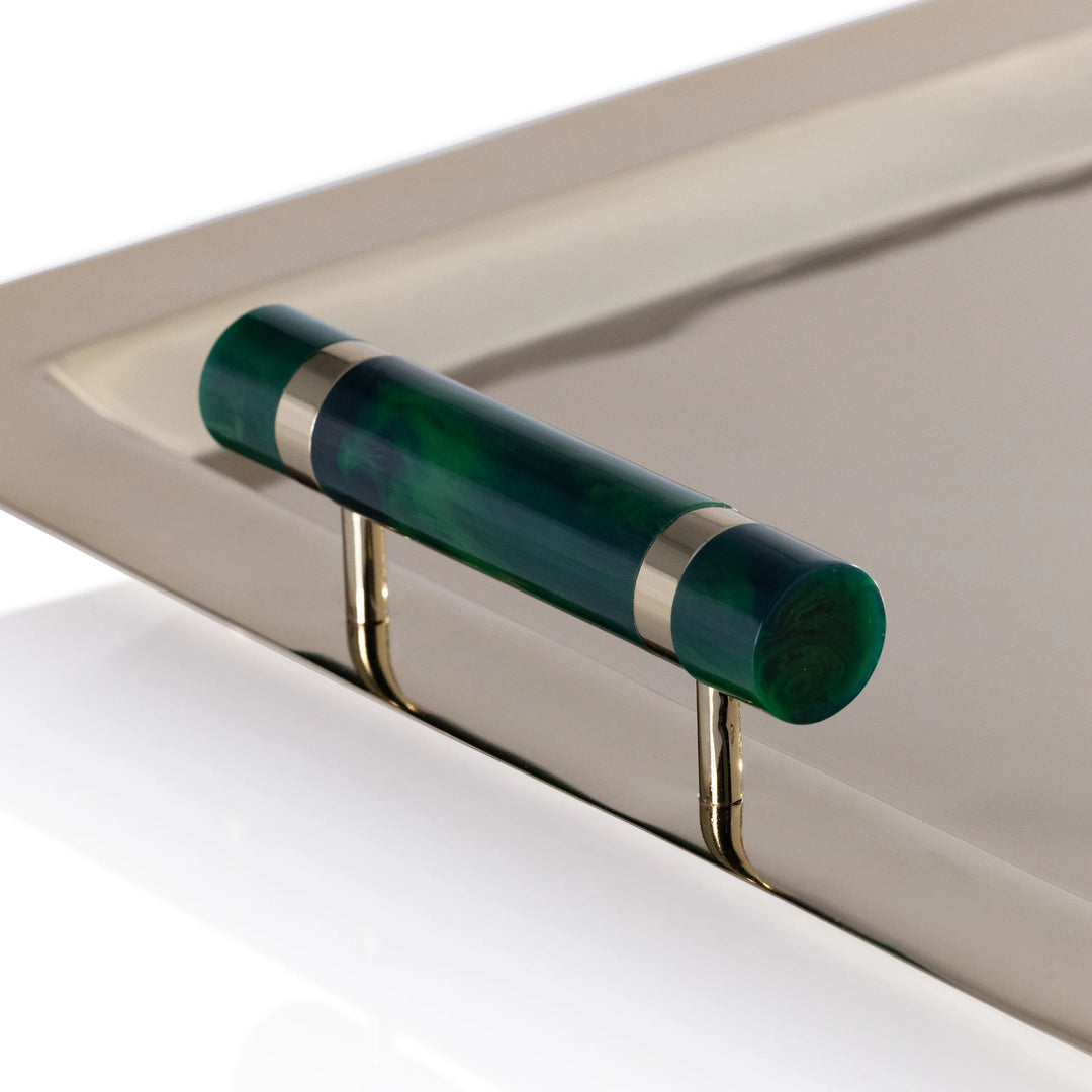 BAR TRAY GOLD WITH GREEN ACCENTS HANDLES