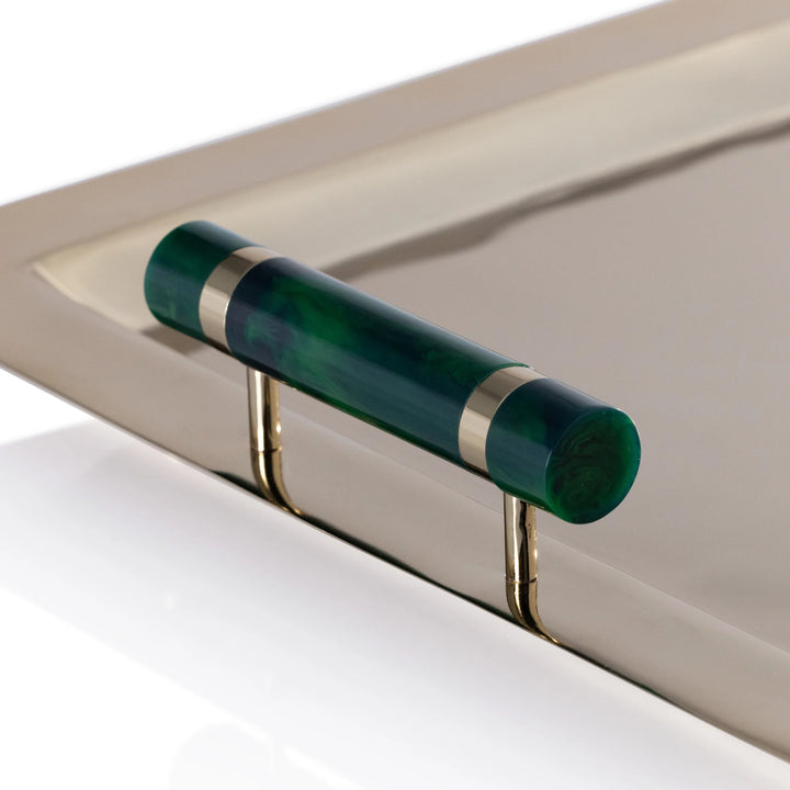 BAR TRAY GOLD WITH GREEN ACCENTS HANDLES