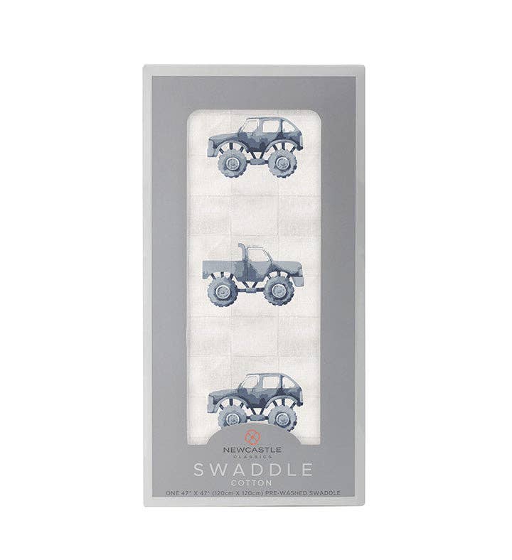 SWADDLE INDIGO MONSTER TRUCKS COTTON