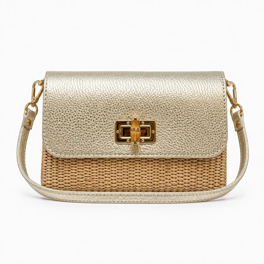 BAG ITALIAN CROCCO LEATHER BAMBOO CLASP&RAFFIA