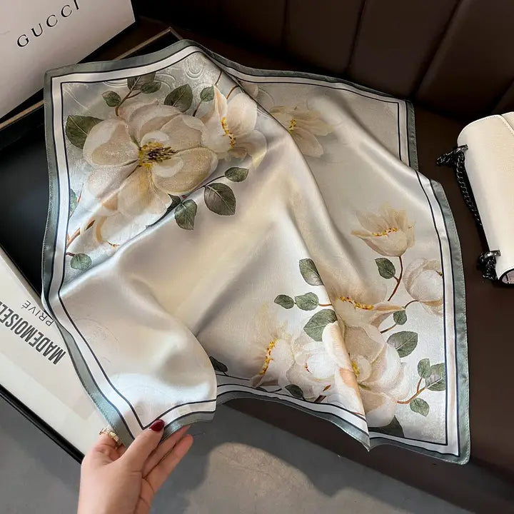 SCARF 100% SILK BOTANICAL FLORAL GREY