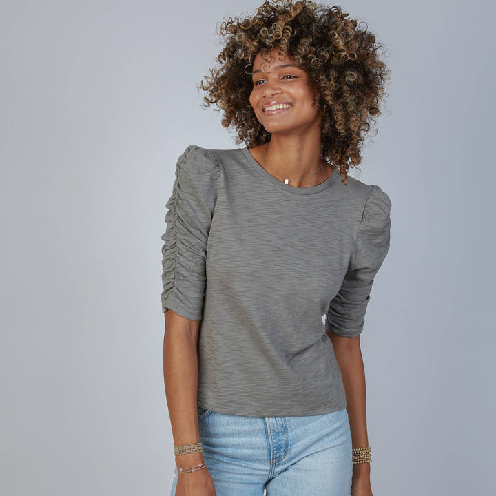 BLOUSE RUCHED ELBOW LENGTH SMOKEY GREEN