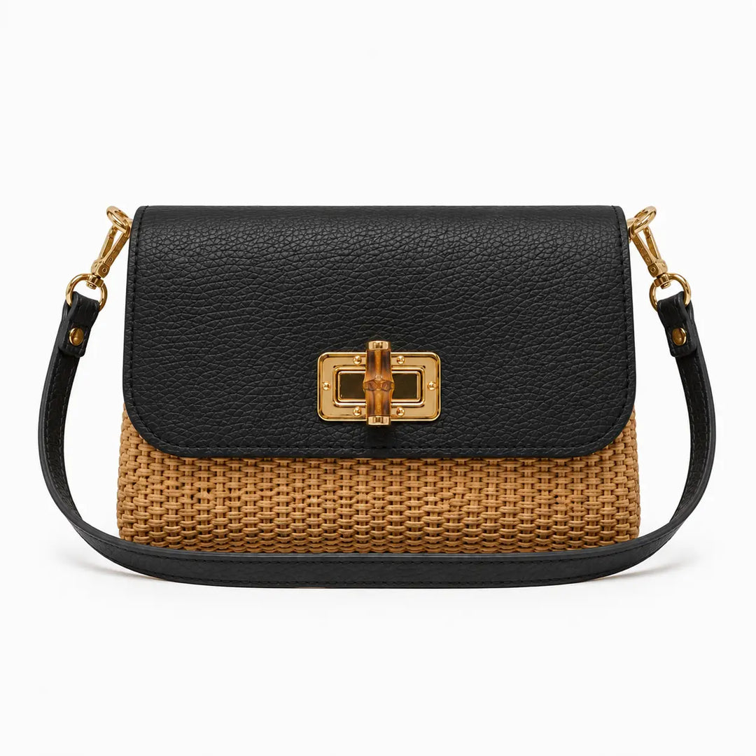 BAG ITALIAN CROCCO LEATHER BAMBOO CLASP&RAFFIA