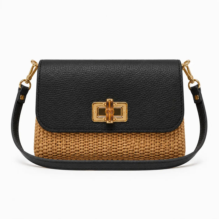 BAG ITALIAN CROCCO LEATHER BAMBOO CLASP&RAFFIA