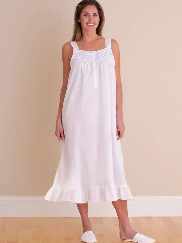 NIGHTGOWN WHITE WITH BLUE SMOCKING ON BODICE