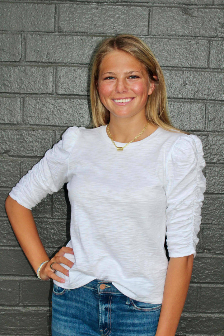 BLOUSE RUCHED ELBOW LENGTH IN WHITE
