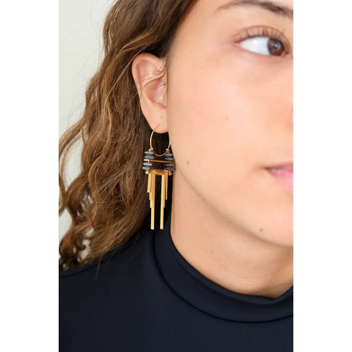 EARRINGS HOOP ARTDECO HEMATITE AND BRASS