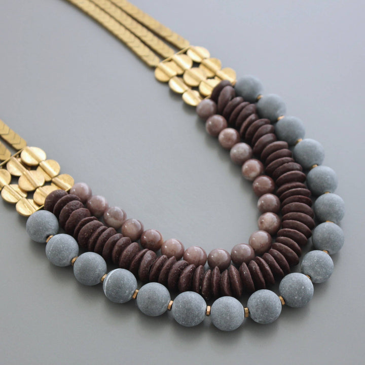 NECKLACE TRIPLE STRAND STONE & AFRICAN GLASS