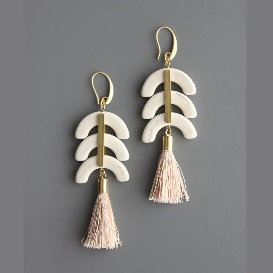 EARRINGS BRASS HOOK MAGNESITE AND SILK TASSELS