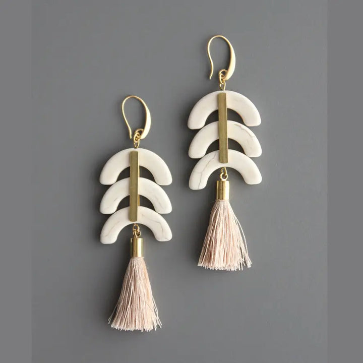 EARRINGS BRASS HOOK MAGNESITE AND SILK TASSELS