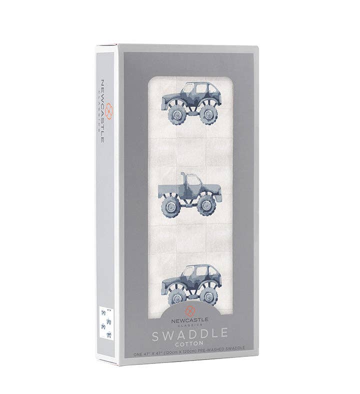 SWADDLE INDIGO MONSTER TRUCKS COTTON