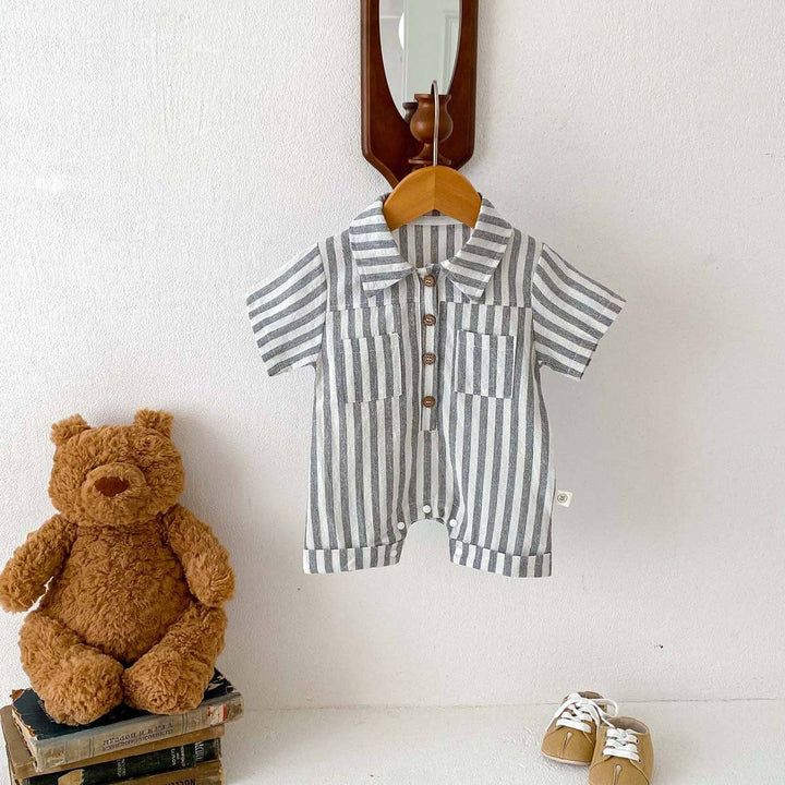 ROMPER SHORT SLEEVE STRIPED TURN-DOWN COLLAR