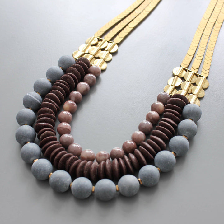 NECKLACE TRIPLE STRAND STONE & AFRICAN GLASS