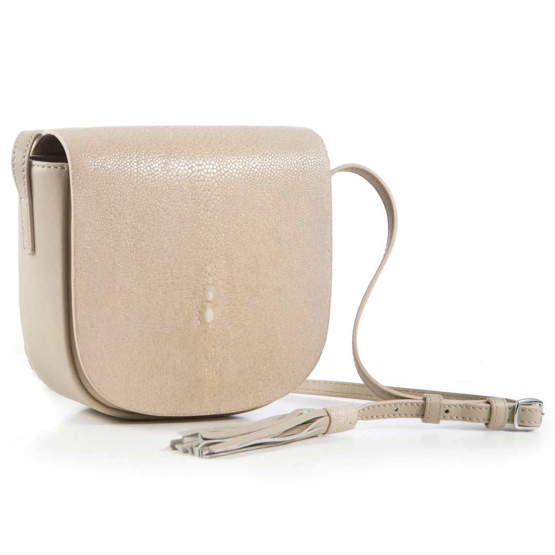 CROSS BODY SADDLE BAG W/ TASSELED STRAP