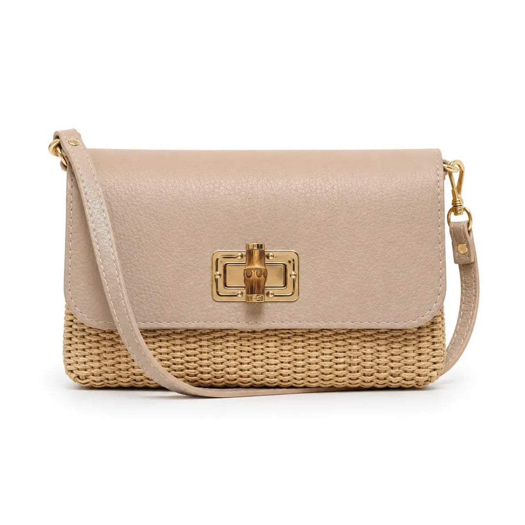 BAG ITALIAN CROCCO LEATHER BAMBOO CLASP&RAFFIA